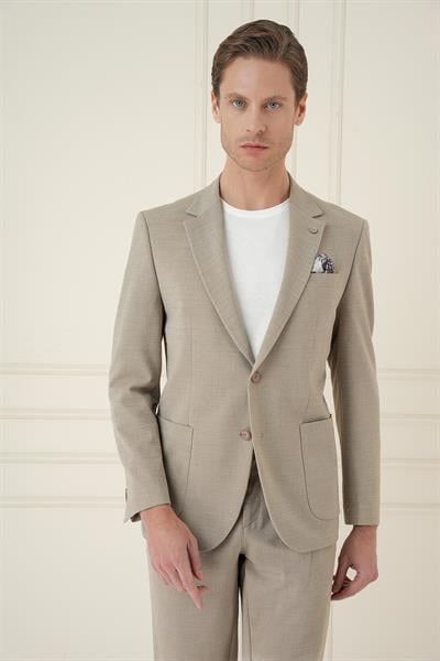 Slim Fit Mono Yaka Çift Yırtmaç Torba Cep Casual Bej Ceket C 698