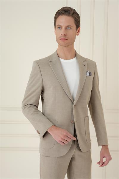 Slim Fit Mono Yaka Çift Yırtmaç Torba Cep Casual Bej Ceket C 698