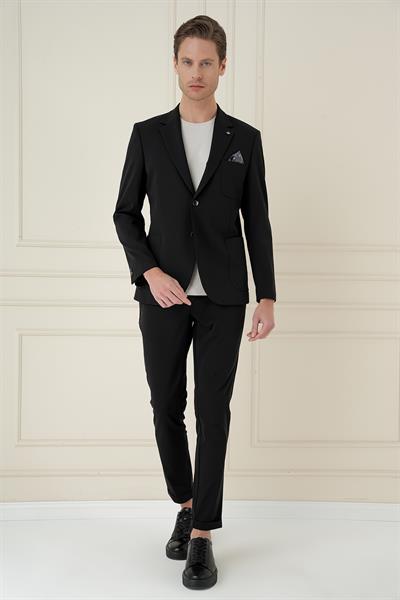 Slim Fit Mono Yaka Çift Yırtmaç Torba Cep Casual Siyah Ceket C 697