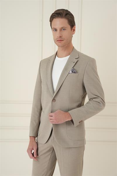 Slim Fit Mono Yaka Çift Yırtmaç Torba Cep Casual Bej Ceket C 698