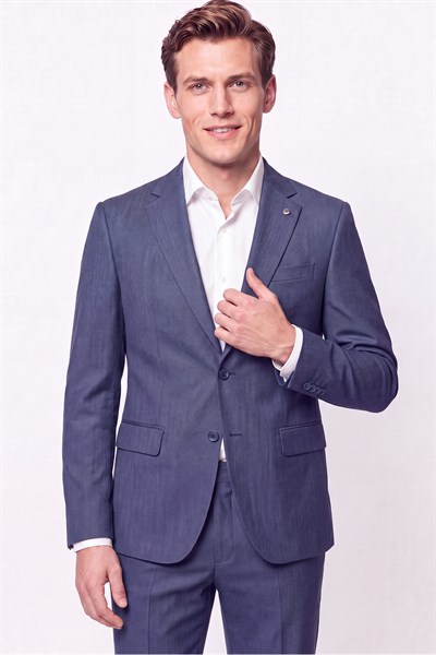 Slim Fit Mono Yaka Çift Yırtmaç Yünlü İndigo Takım Elbise TK 949