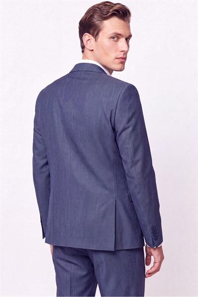 Slim Fit Mono Yaka Çift Yırtmaç Yünlü İndigo Takım Elbise TK 949