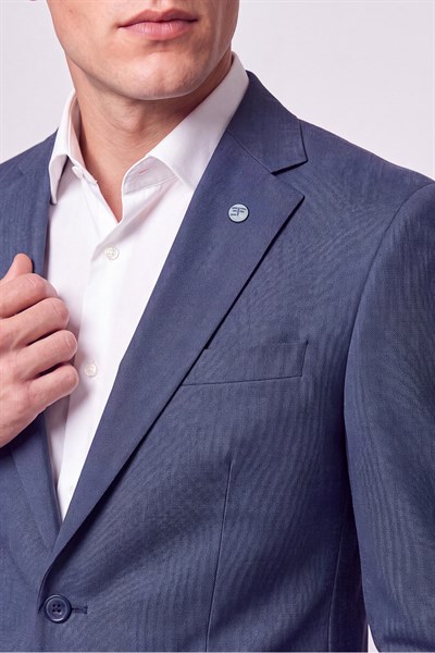 Slim Fit Mono Yaka Çift Yırtmaç Yünlü İndigo Takım Elbise TK 949
