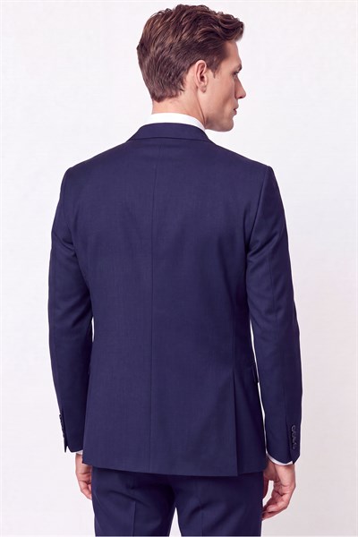 Slim Fit Mono Yaka Çift Yırtmaç Yünlü Lacivert Takım Elbise TK 949
