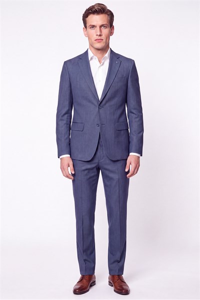 Slim Fit Mono Yaka Çift Yırtmaç Yünlü İndigo Takım Elbise TK 949