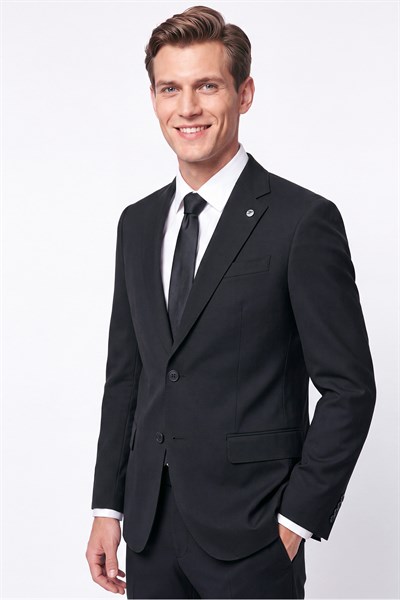 Slim Fit Mono Yaka Çift Yırtmaç Yünlü Siyah Takım Elbise TK 949
