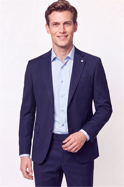 Slim Fit Mono Yaka Çift Yırtmaç Yünlü Lacivert Takım Elbise TK 949
