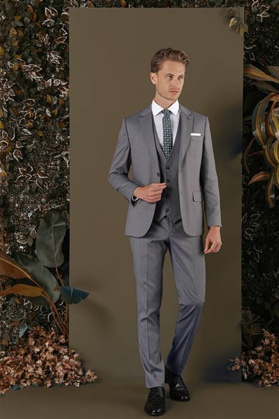 Slim Fit Mono Yaka Doku Desenli Füme Yelekli Takım Elbise TK 877