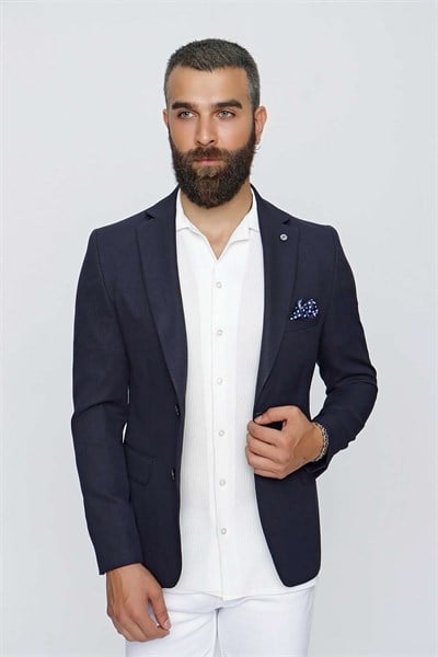 Slim Fit Mono Yaka Doku Desenli Lacivert Spor Ceket C 620