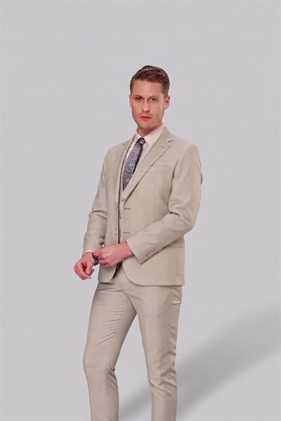 Slim Fit Mono Yaka Düz Çağla Yelekli Takım Elbise TK 871
