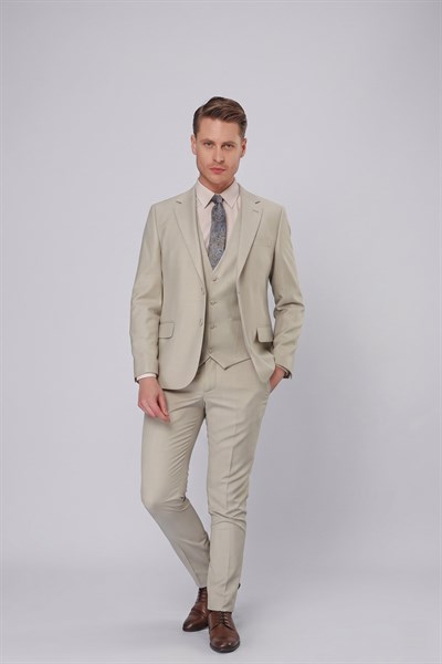 Slim Fit Mono Yaka Düz Çağla Yelekli Takım Elbise TK 871