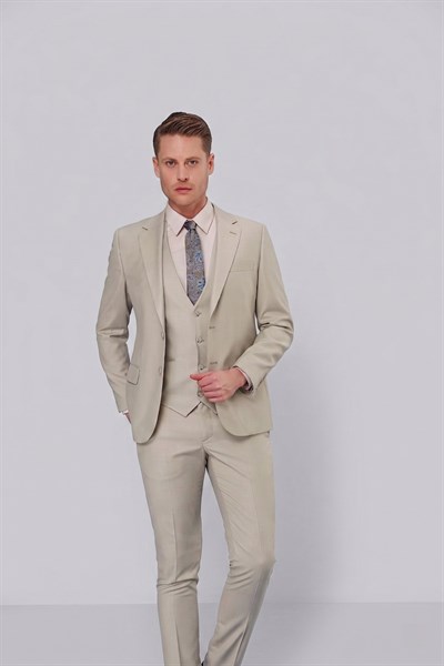 Slim Fit Mono Yaka Düz Çağla Yelekli Takım Elbise TK 871