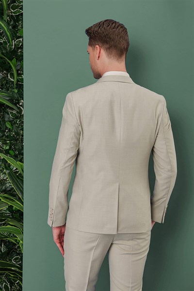 Slim Fit Mono Yaka Düz Çağla Yelekli Takım Elbise TK 871