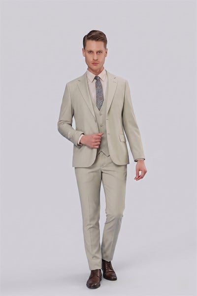 Slim Fit Mono Yaka Düz Çağla Yelekli Takım Elbise TK 871