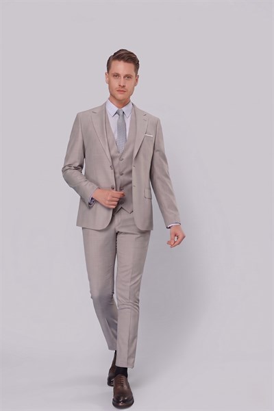Slim Fit Mono Yaka Düz Gri Yelekli Takım Elbise TK 871