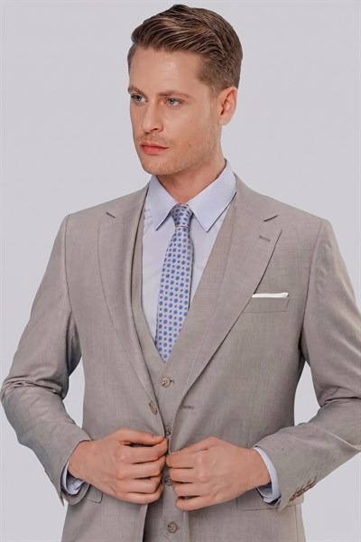 Slim Fit Mono Yaka Düz Gri Yelekli Takım Elbise TK 871