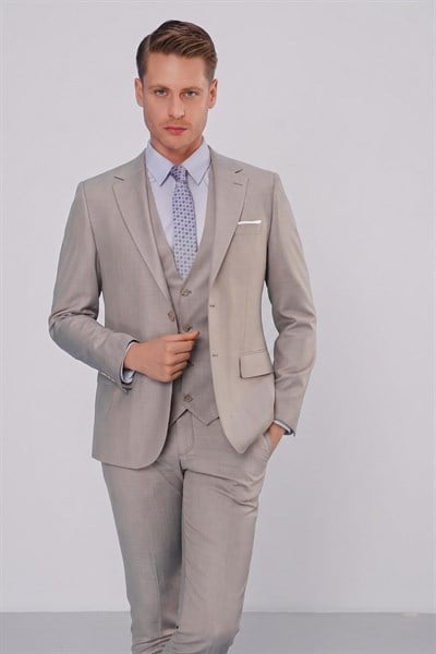 Slim Fit Mono Yaka Düz Gri Yelekli Takım Elbise TK 871