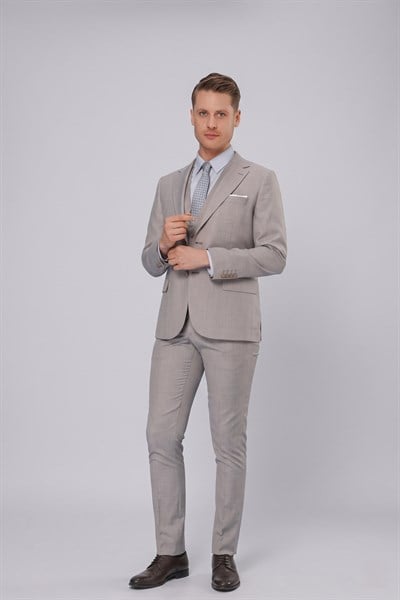 Slim Fit Mono Yaka Düz Gri Yelekli Takım Elbise TK 871