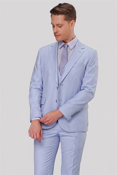 Slim Fit Mono Yaka Düz Mavi Yelekli Takım Elbise TK 871