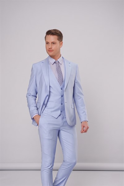 Slim Fit Mono Yaka Düz Mavi Yelekli Takım Elbise TK 871
