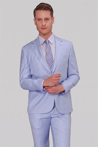 Slim Fit Mono Yaka Düz Mavi Yelekli Takım Elbise TK 871