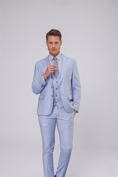 Slim Fit Mono Yaka Düz Mavi Yelekli Takım Elbise TK 871