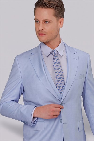 Slim Fit Mono Yaka Düz Mavi Yelekli Takım Elbise TK 871