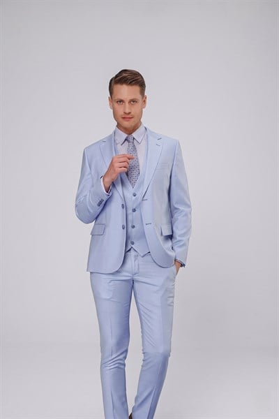 Slim Fit Mono Yaka Düz Mavi Yelekli Takım Elbise TK 871