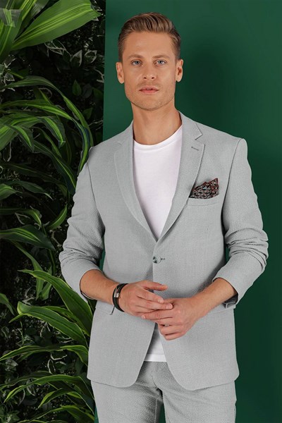 Slim Fit Mono Yaka Esnek Pamuklu Gofre Kumaş Gri Blazer Ceket C 640