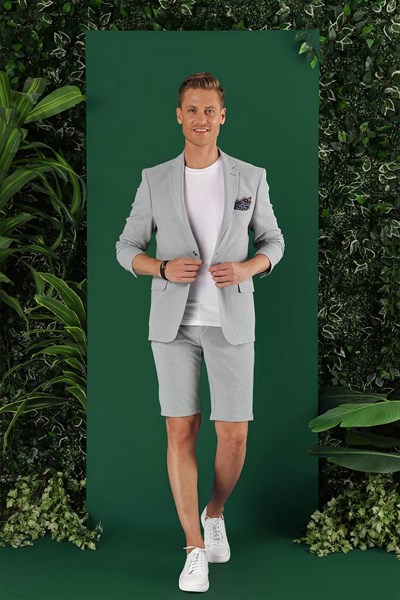 Slim Fit Mono Yaka Esnek Pamuklu Gofre Kumaş Gri Blazer Ceket C 640