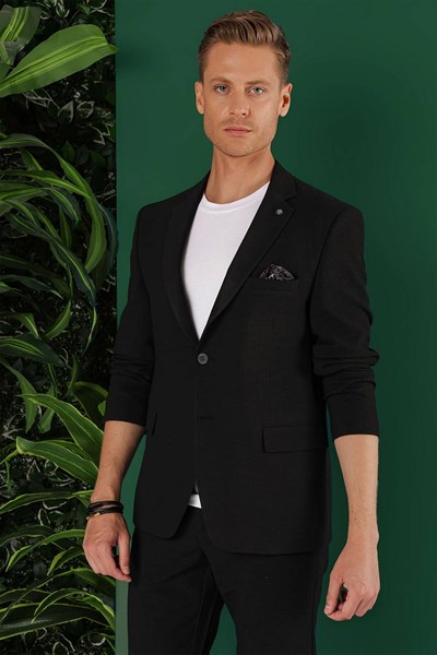 Slim Fit Mono Yaka Esnek Pamuklu Gofre Kumaş Siyah Blazer Ceket C 640