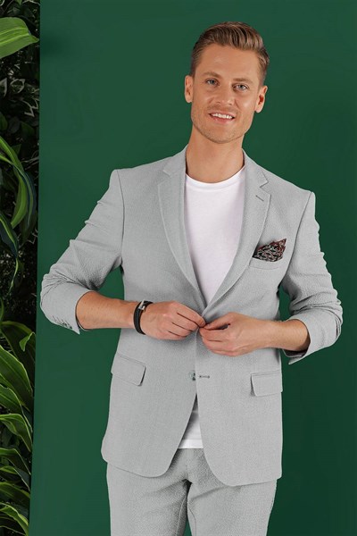 Slim Fit Mono Yaka Esnek Pamuklu Gofre Kumaş Gri Blazer Ceket C 640