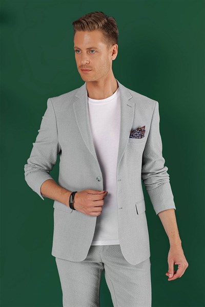 Slim Fit Mono Yaka Esnek Pamuklu Gofre Kumaş Gri Blazer Ceket C 640