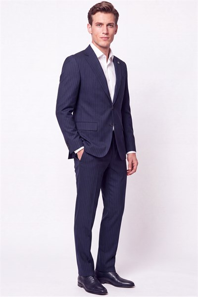 Slim Fit Mono Yaka Esnek Yünlü Lacivert Çizgili Takım Elbise Tk 942