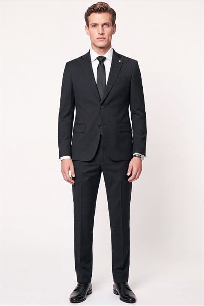 Slim Fit Mono Yaka Esnek Yünlü Siyah Takım Elbise TK 2026