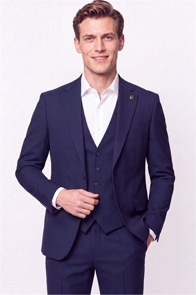 Slim Fit Mono Yaka  Esnek Yünlü Yelekli Lacivert Takım Elbise TK 950