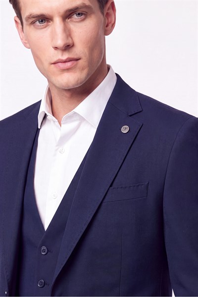 Slim Fit Mono Yaka  Esnek Yünlü Yelekli Lacivert Takım Elbise TK 950