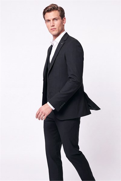 Slim Fit Mono Yaka  Esnek Yünlü Yelekli Siyah Takım Elbise TK 950