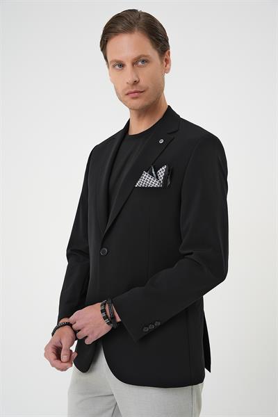Slim Fit Mono Yaka Fleto Cepli Çift Yırtmaçlı Casual Siyah Ceket C 710