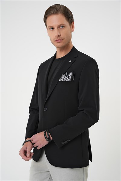 Slim Fit Mono Yaka Fleto Cepli Çift Yırtmaçlı Esnek Pamuklu Siyah Ceket C 710