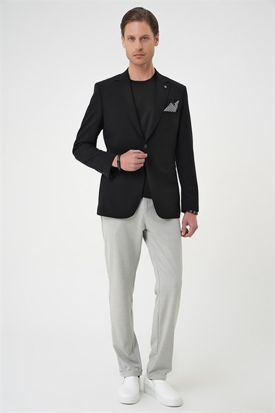 Slim Fit Mono Yaka Fleto Cepli Çift Yırtmaçlı Esnek Pamuklu Siyah Ceket C 710