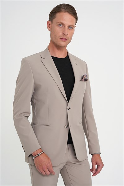 Slim Fit Mono Yaka Fleto Cepli Çift Yırtmaçlı Esnek Pamuklu Vizon Ceket C 710