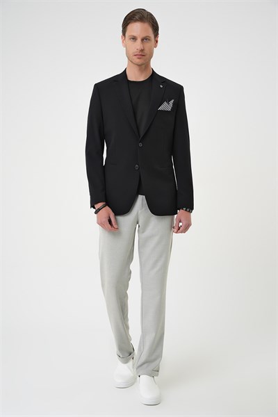 Slim Fit Mono Yaka Fleto Cepli Çift Yırtmaçlı Esnek Pamuklu Siyah Ceket C 710