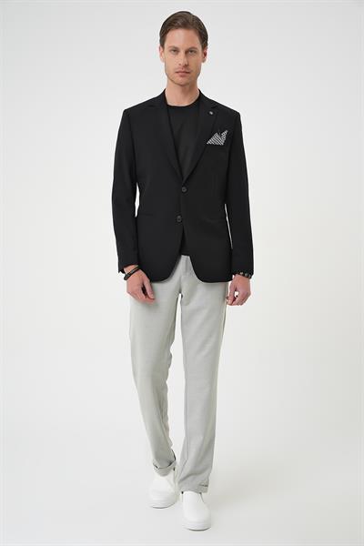 Slim Fit Mono Yaka Fleto Cepli Çift Yırtmaçlı Casual Siyah Ceket C 710
