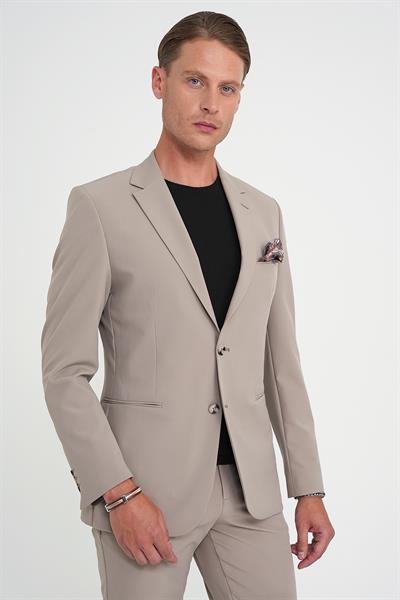 Slim Fit Mono Yaka Fleto Cepli Çift Yırtmaçlı Casual Vizon Ceket C 710