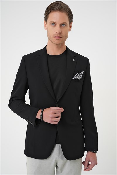 Slim Fit Mono Yaka Fleto Cepli Çift Yırtmaçlı Esnek Pamuklu Siyah Ceket C 710