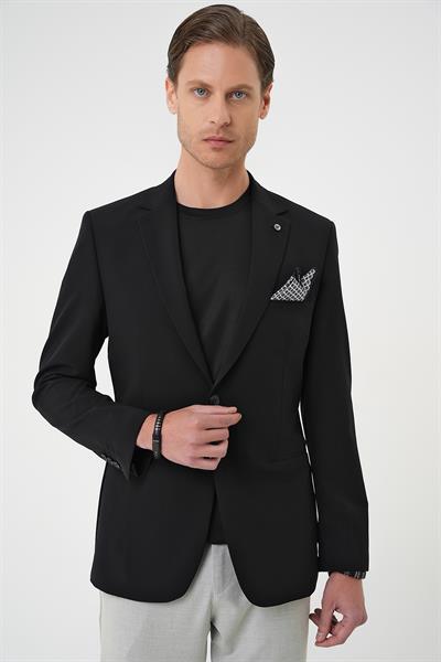 Slim Fit Mono Yaka Fleto Cepli Çift Yırtmaçlı Casual Siyah Ceket C 710