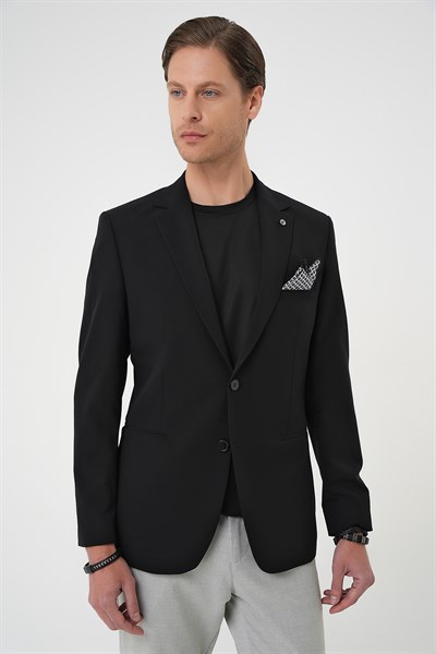 Slim Fit Mono Yaka Fleto Cepli Çift Yırtmaçlı Esnek Pamuklu Siyah Ceket C 710
