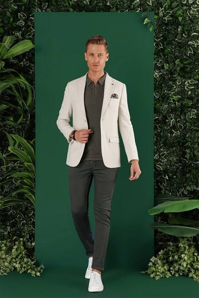 Slim Fit Mono Yaka Keten Pamuk Karışımlı Taş Ceket C 636