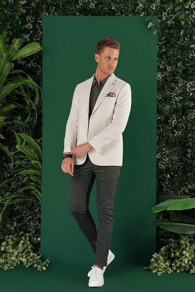 Slim Fit Mono Yaka Keten Pamuk Karışımlı Taş Ceket C 636